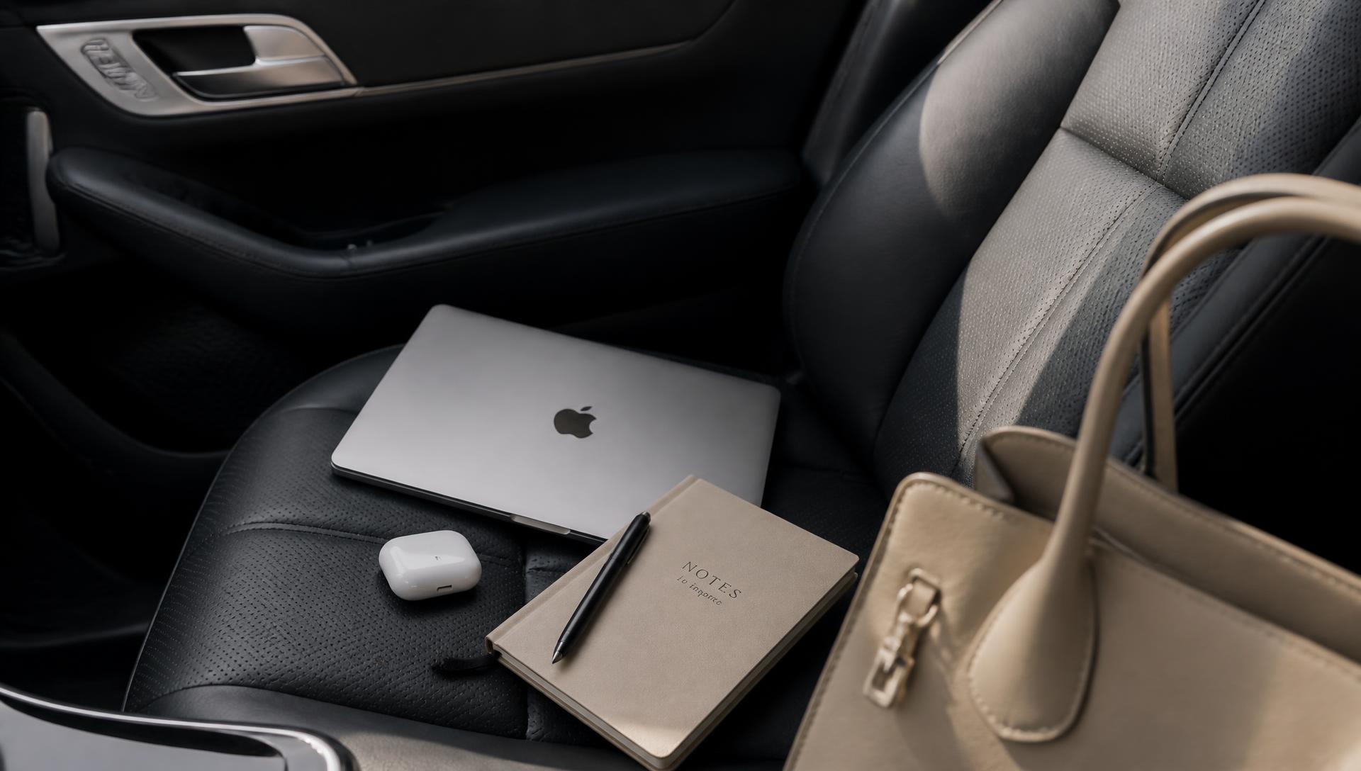 MacBook, AirPods et sac à main sur siège en cuir noir, ambiance entrepreneur luxe